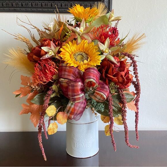 Fall Faux Floral Bouquet in White Jar With Sunflowers/Peonies - Picture 1 of 13